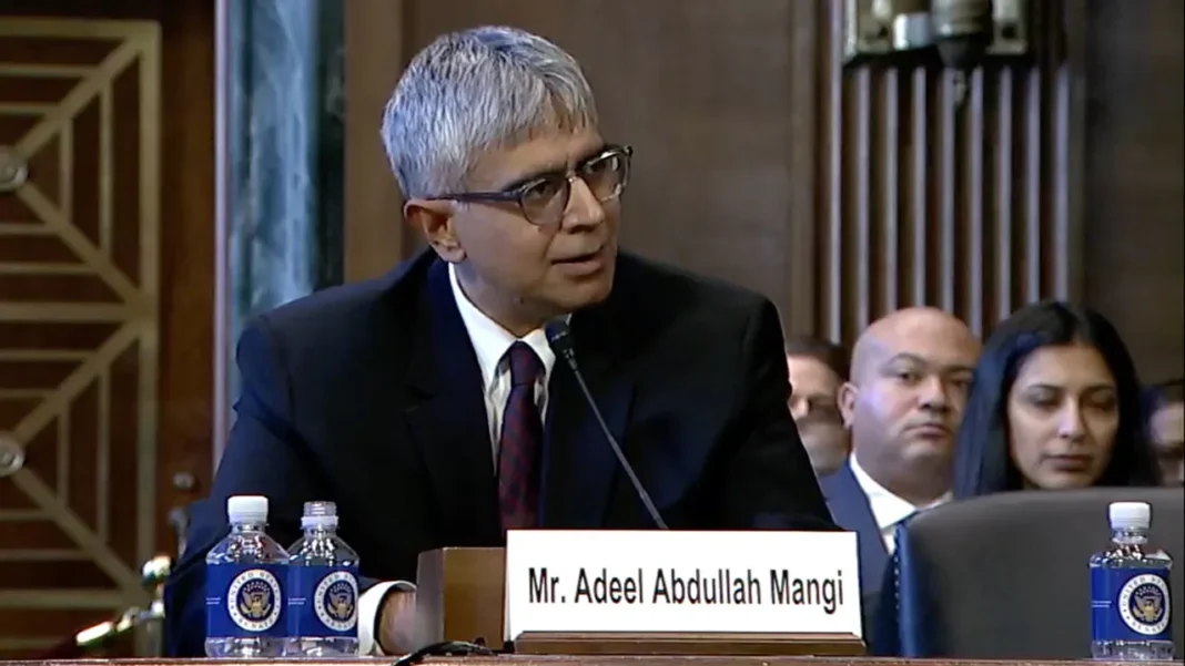 Adeel Mangi testifies before the Senate Judiciary Committee on Capitol Hill, Dec. 13, 2023. (Senate Judiciary Committee/Screenshot)